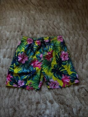 Tropical Floral Hybrid Swim Shorts - Yellow with Pink & Green